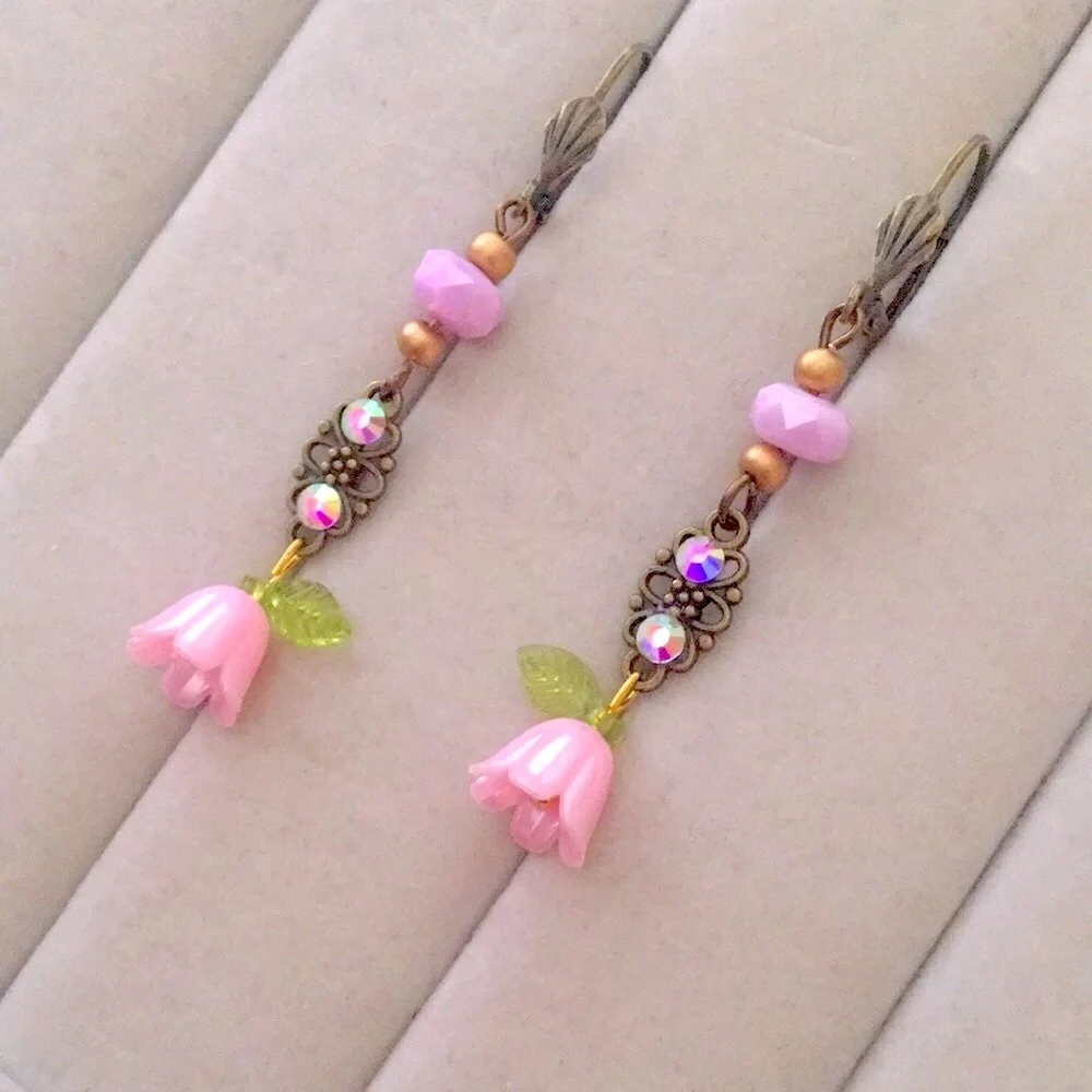 Aurora Borealis Crystal + Antique Brass Gold Pink Flower Boho Drop Earrings